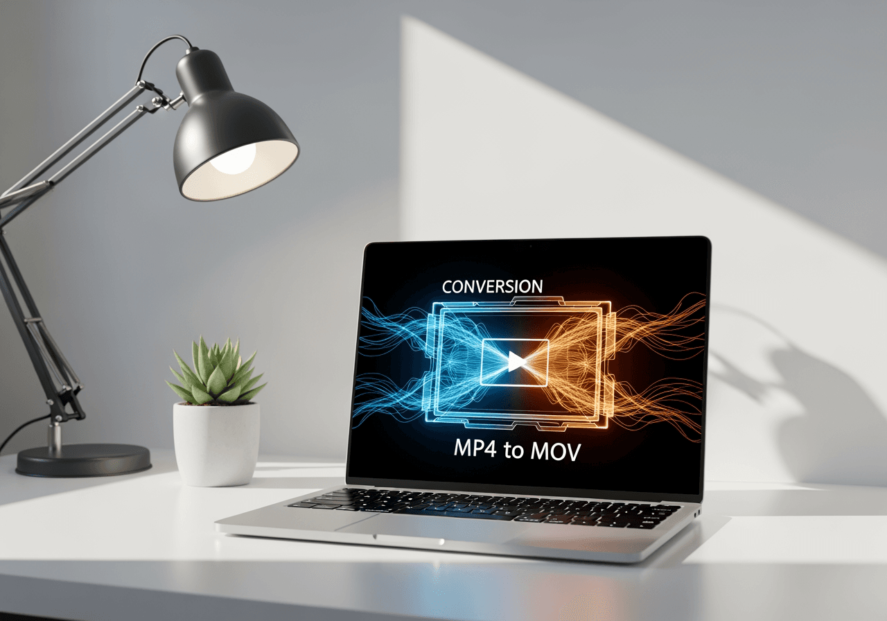 デジタルビデオ変換の視覚化を表示するラップトップ画面があるミニマリストなワークスペース