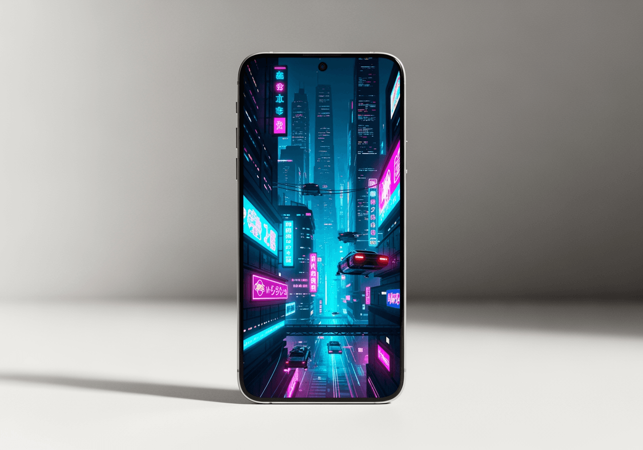 Smartphone affichant une vidéo Story Instagram style néon sur un bureau minimaliste