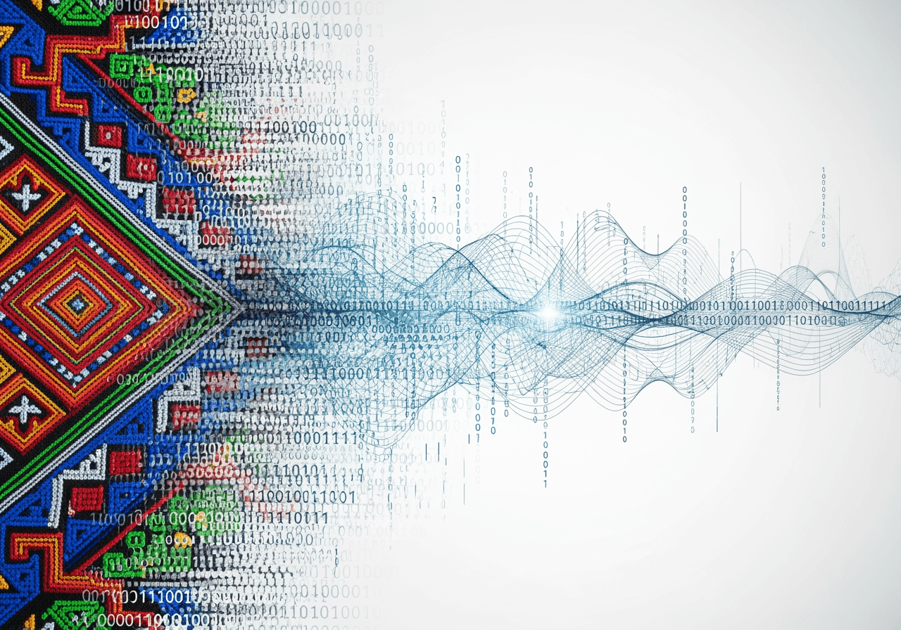 Modern conceptual image blending traditional Hmong embroidery patterns with digital technology lines