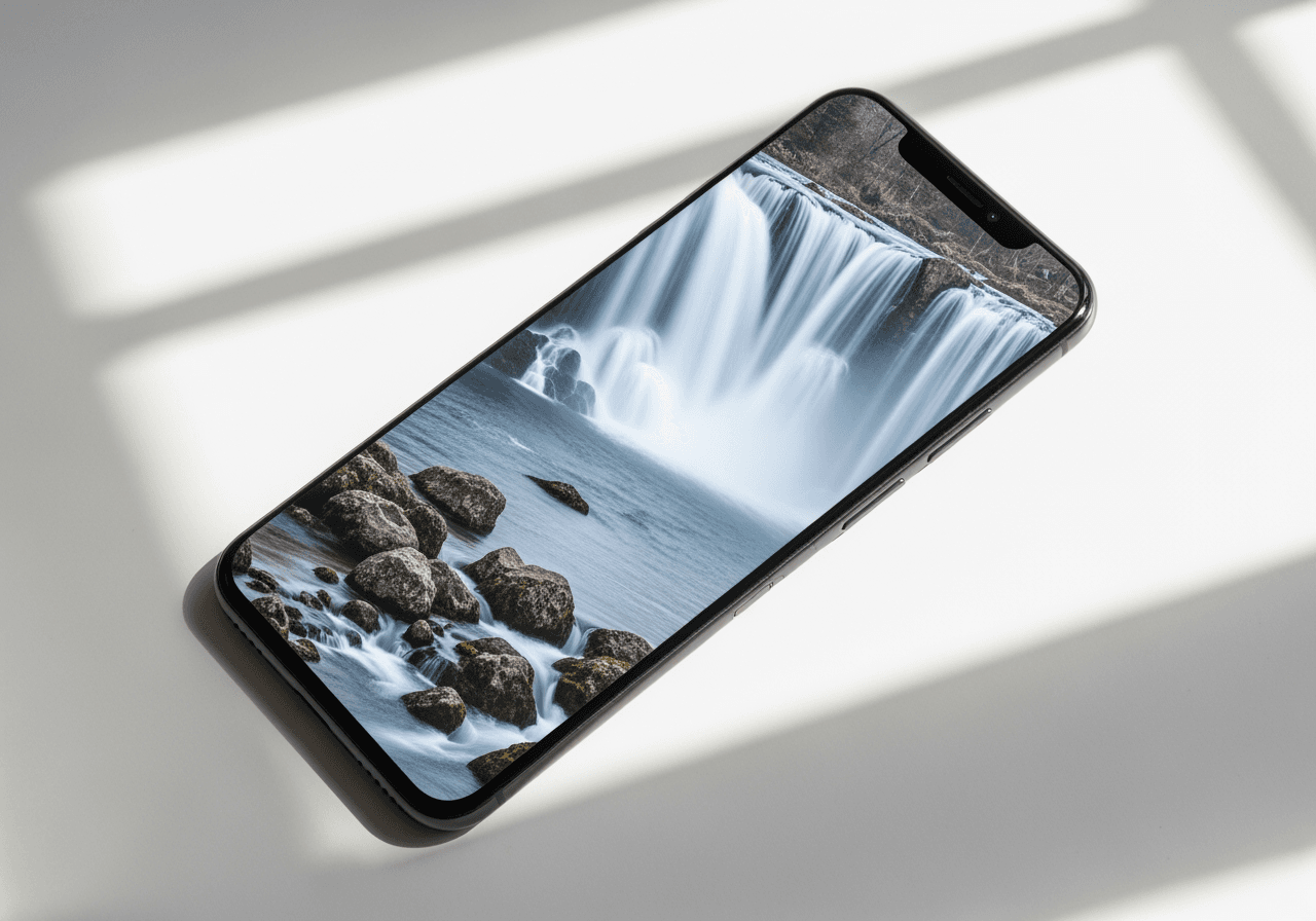 Smartphone affichant une Live Photo vivante d'une cascade
