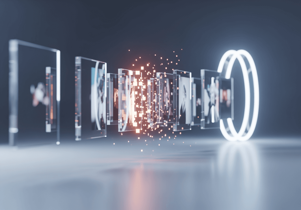 Visualizzazione 3D moderna e astratta che mostra il processo dell'IA che divide una GIF in singoli fotogrammi di alta qualità