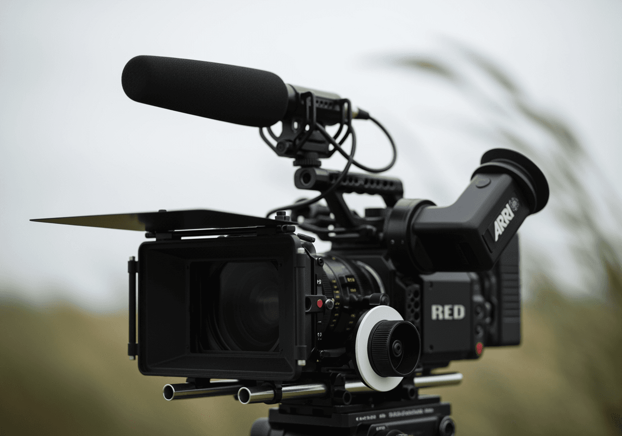 바람이 부는 야외 환경에 설치된 전문 카메라와 마이크 클로즈업