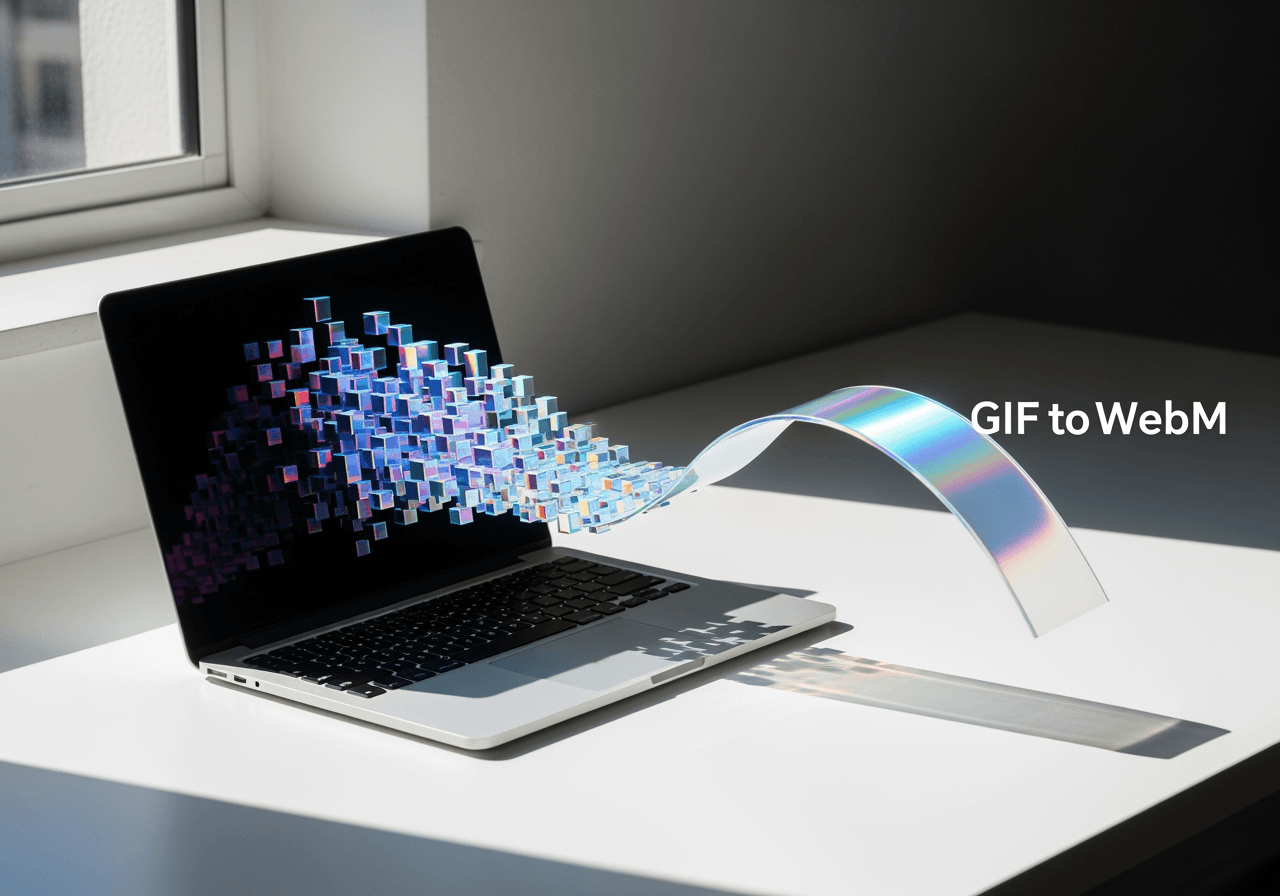 Portátil con una cinta de luz que fluye transformándose de irregular a suave, simbolizando la conversión de GIF a WebM