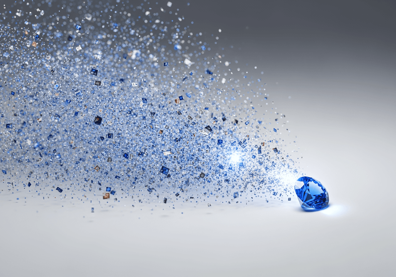 Partículas digitais se condensando em uma gema brilhante representando vídeo comprimido