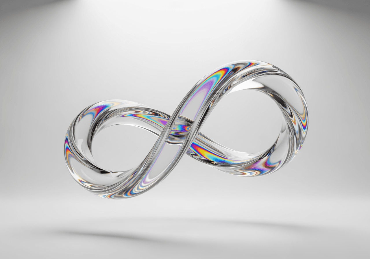 Forme de boucle infinie en 3D en verre irisé flottant dans un studio minimaliste