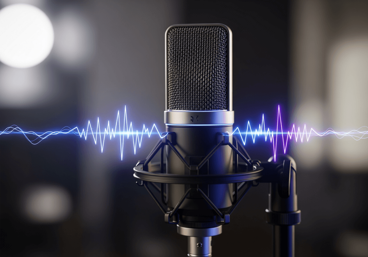 Close-up de um microfone profissional com ondas de áudio brilhantes sob iluminação de estúdio