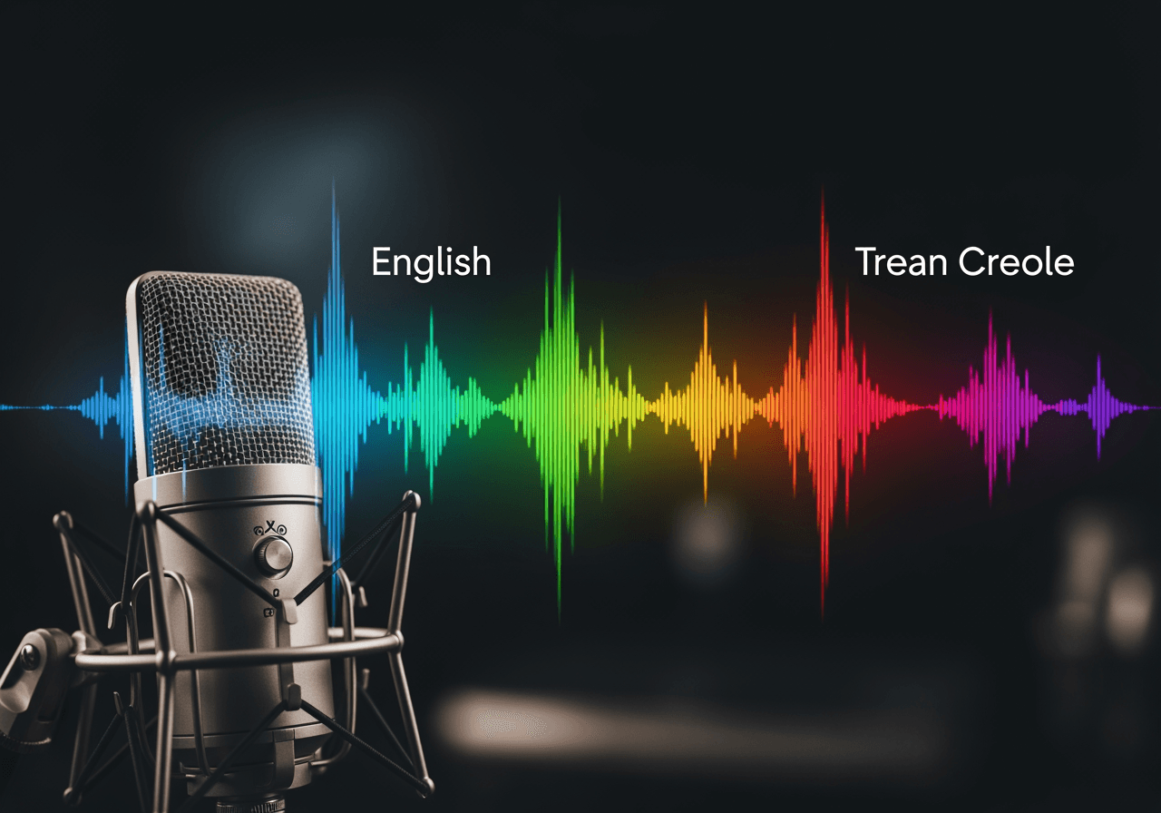Visualization of voice translation with a modern studio microphone and transforming digital sound waves