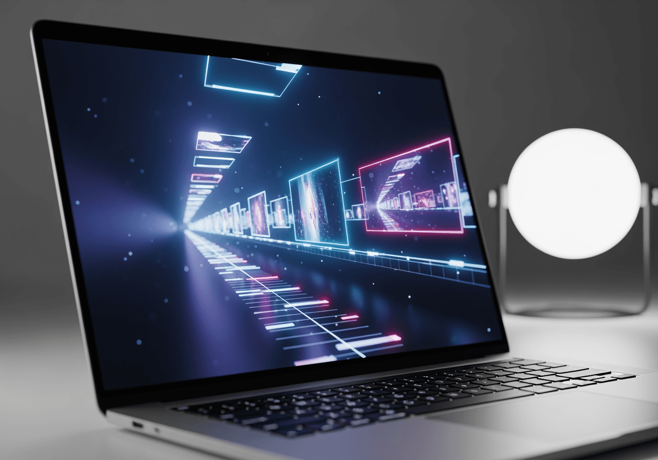 Visualização abstrata de linha do tempo de vídeo digital em tela de laptop em espaço elegante