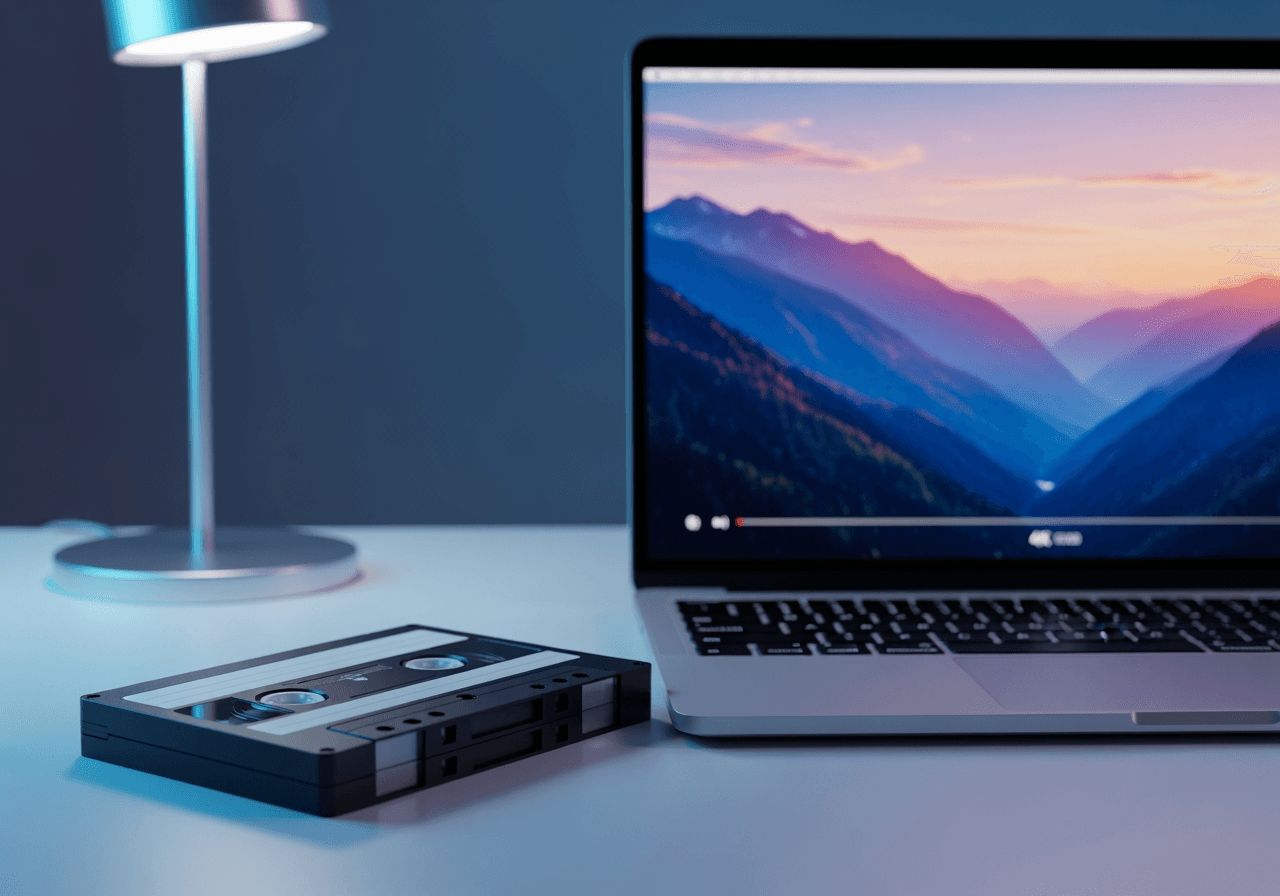 Vintage video tape next to a modern laptop displaying 4K high-quality video