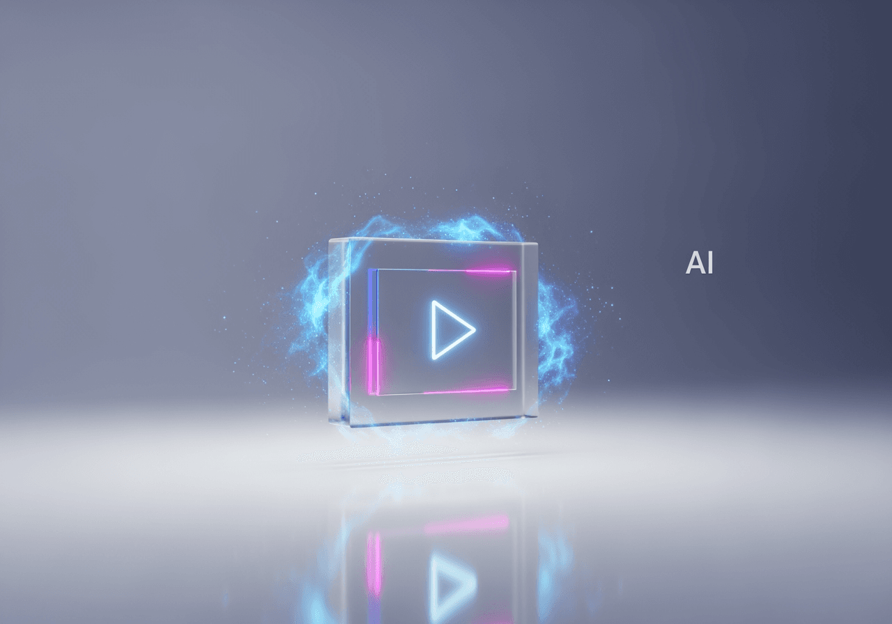 미니멀한 스튜디오 환경에서 빛나는 3D 프리즘으로 표현된 디지털 비디오 파일 변환 과정