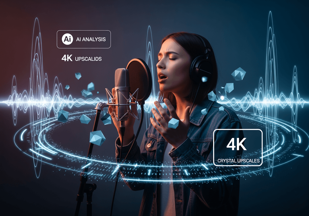 AI 음파 분석 시각화와 함께 마이크에 대고 노래하는 가수