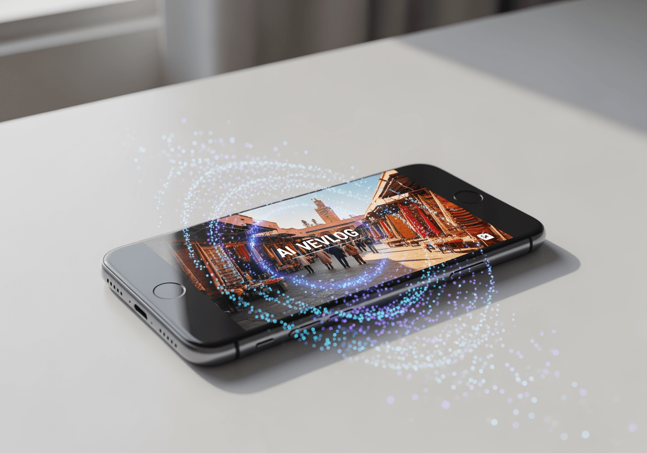 Smartphone auf dem Schreibtisch zeigt Reisevideo mit abstrakten KI-Effekten