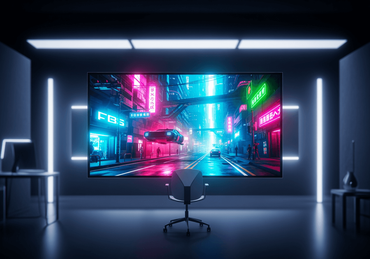 具有赛博朋克城市全息显示的未来主义创意工作空间