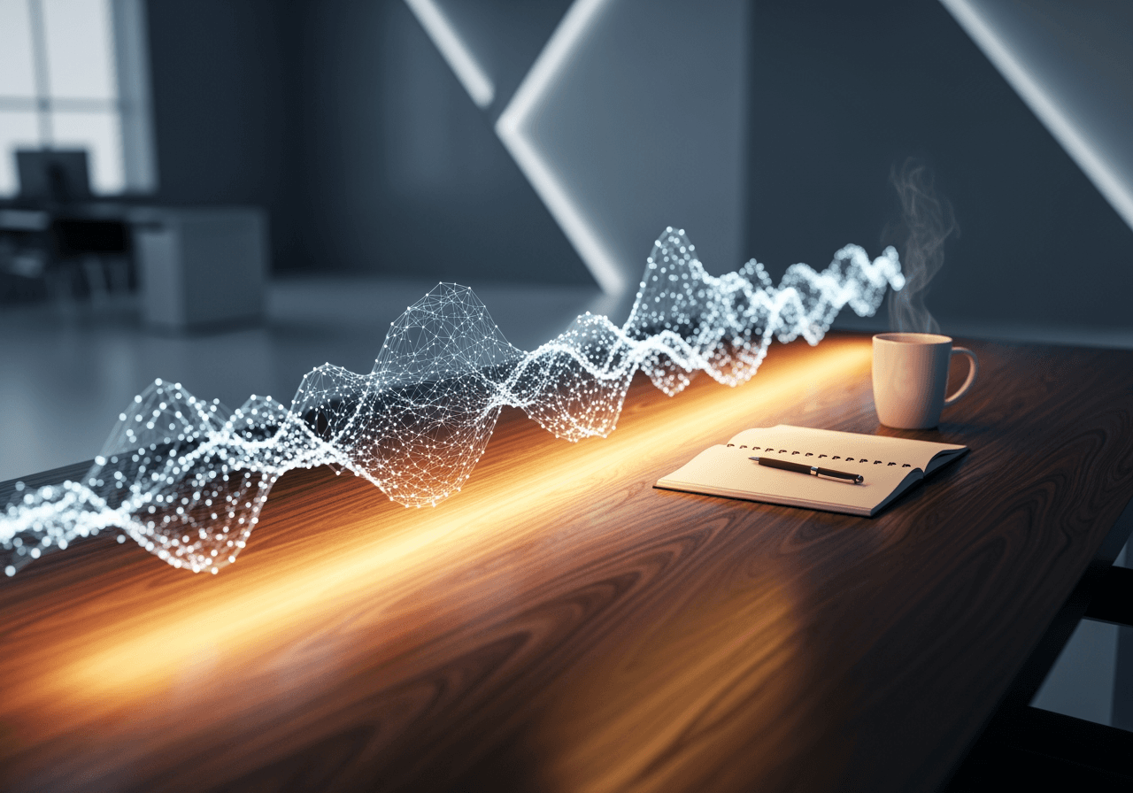 ロボットのようなAIテキストから自然な人間の文章への移行を象徴する、暖かい光に変化するデジタルウェーブ