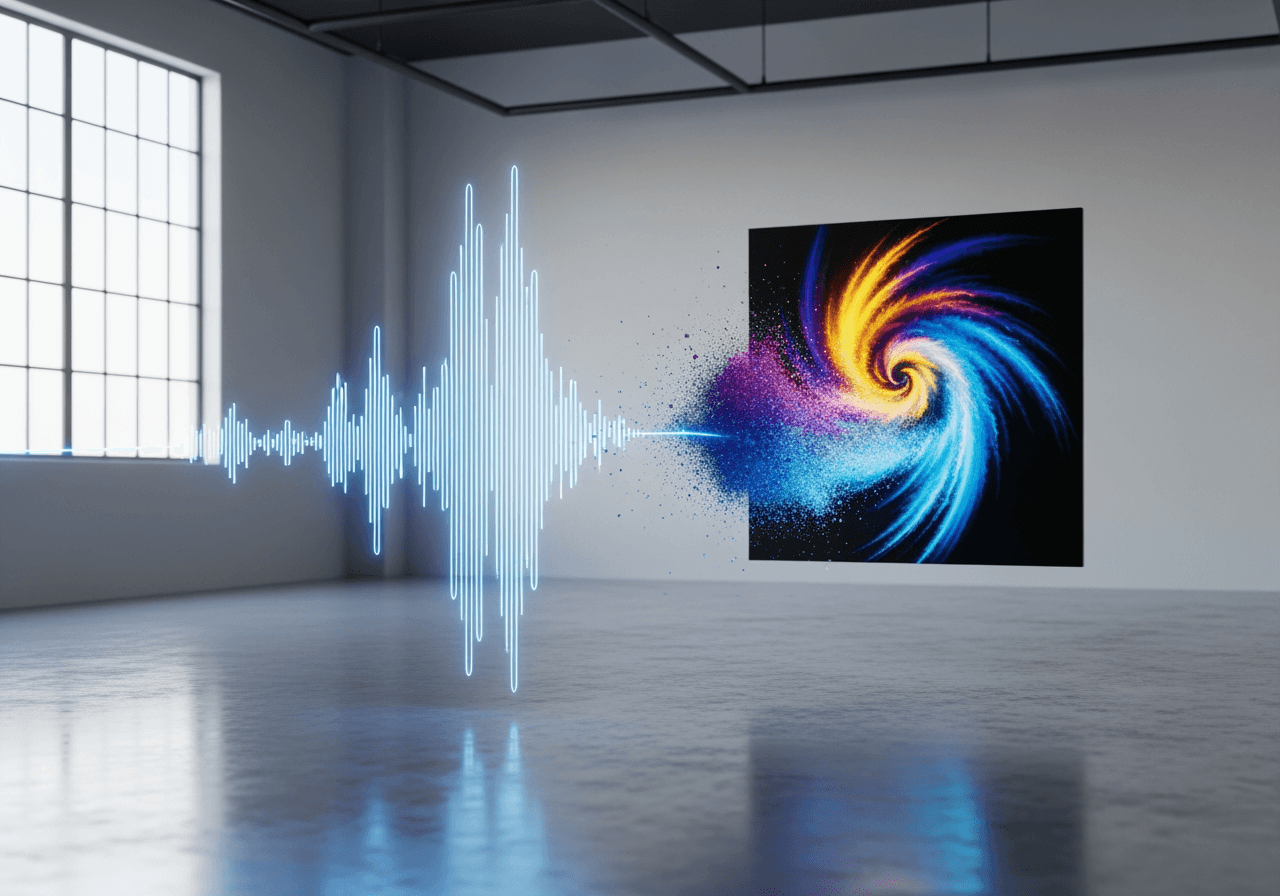 앨범 아트로 변환되는 디지털 오디오 파형이 있는 현대적인 스튜디오