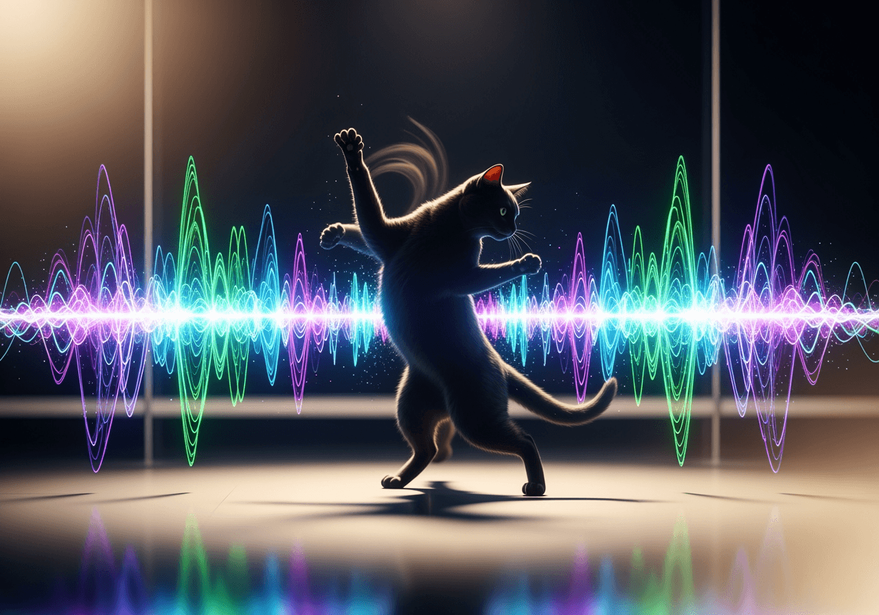 Silhouette dinamica di un gatto che balla con effetti di visualizzazione della forma d'onda audio
