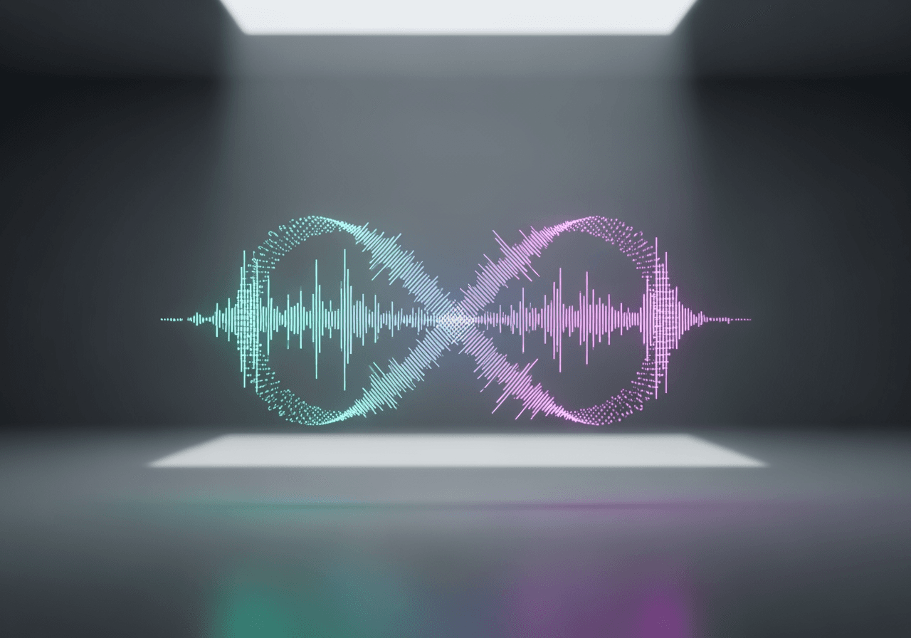 디지털 오디오 파형으로 이루어진, 빛나는 추상적 무한 기호