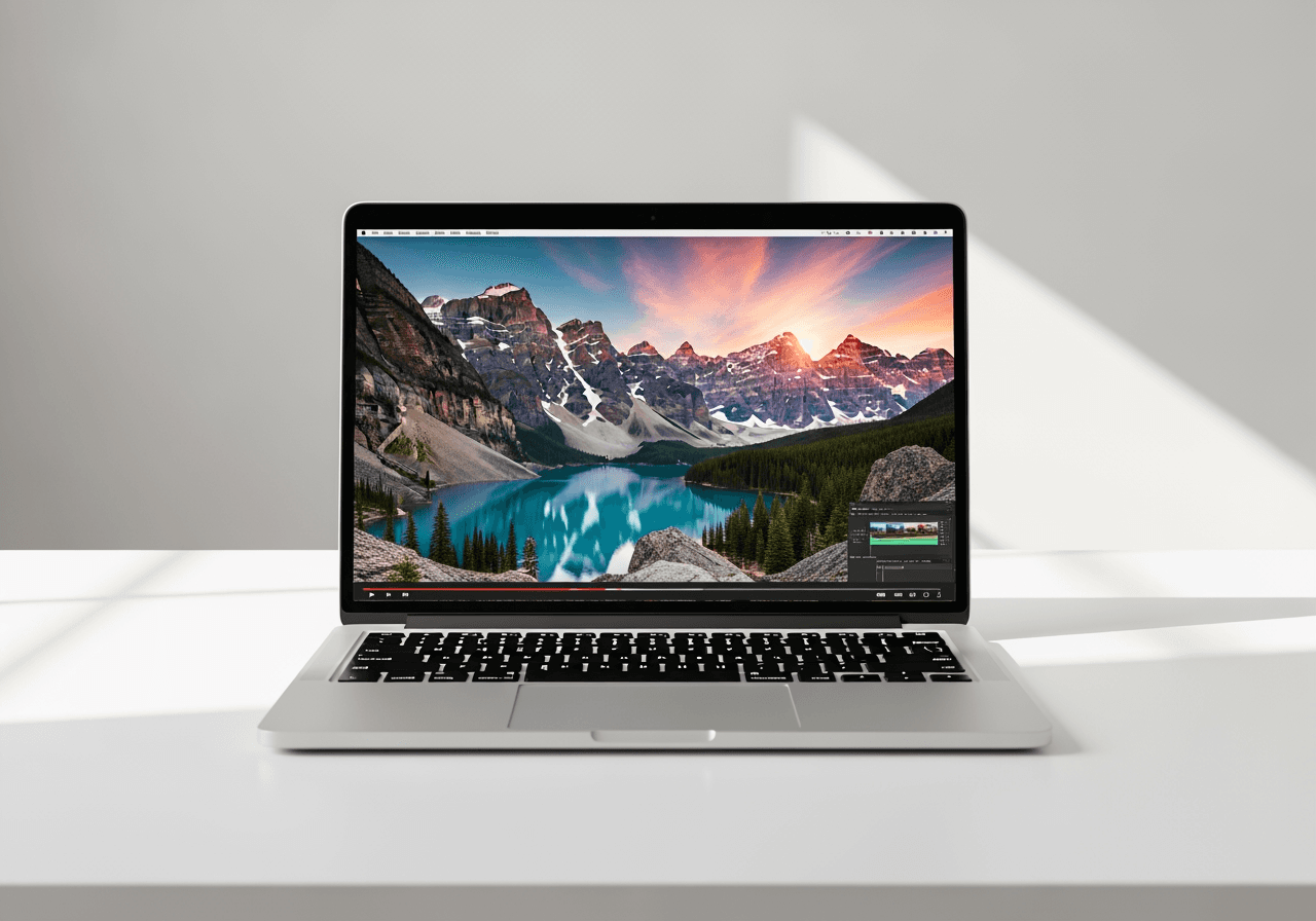 Portátil moderno en un escritorio minimalista mostrando un video cinematográfico vívido en la pantalla