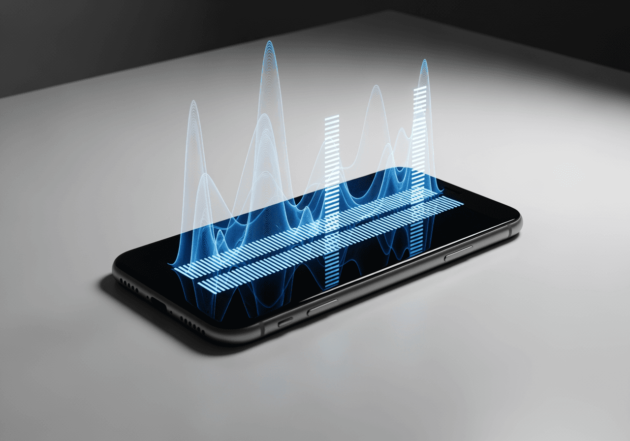 Smartphone che mostra onde audio che si convertono in righe di testo digitale