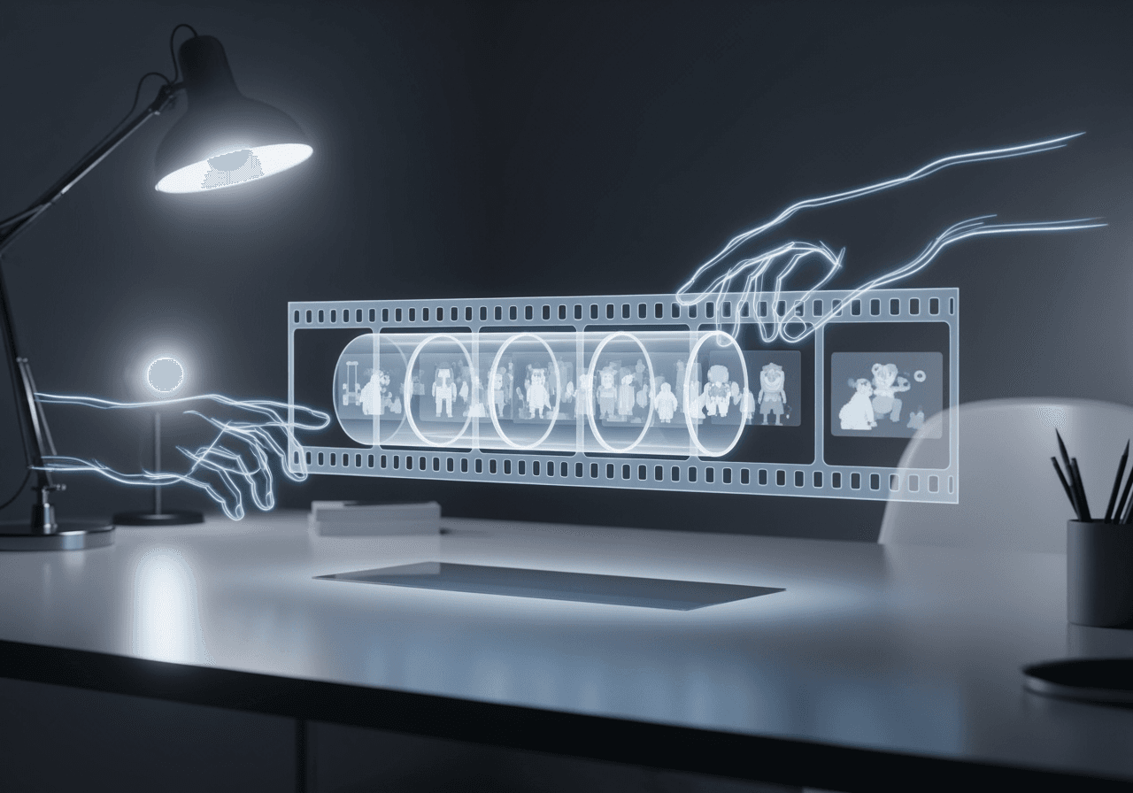 Striscia di pellicola olografica che rappresenta il montaggio GIF in uno spazio di lavoro elegante