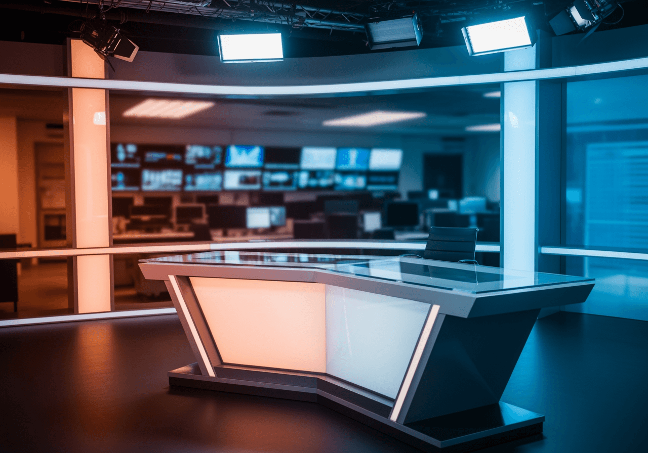 세련된 데스크와 조명이 있는 현대적인 뉴스 스튜디오 배경