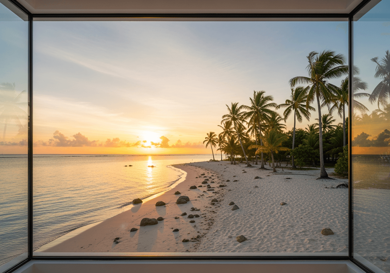 通过现代玻璃窗看到的迷人热带日出风景