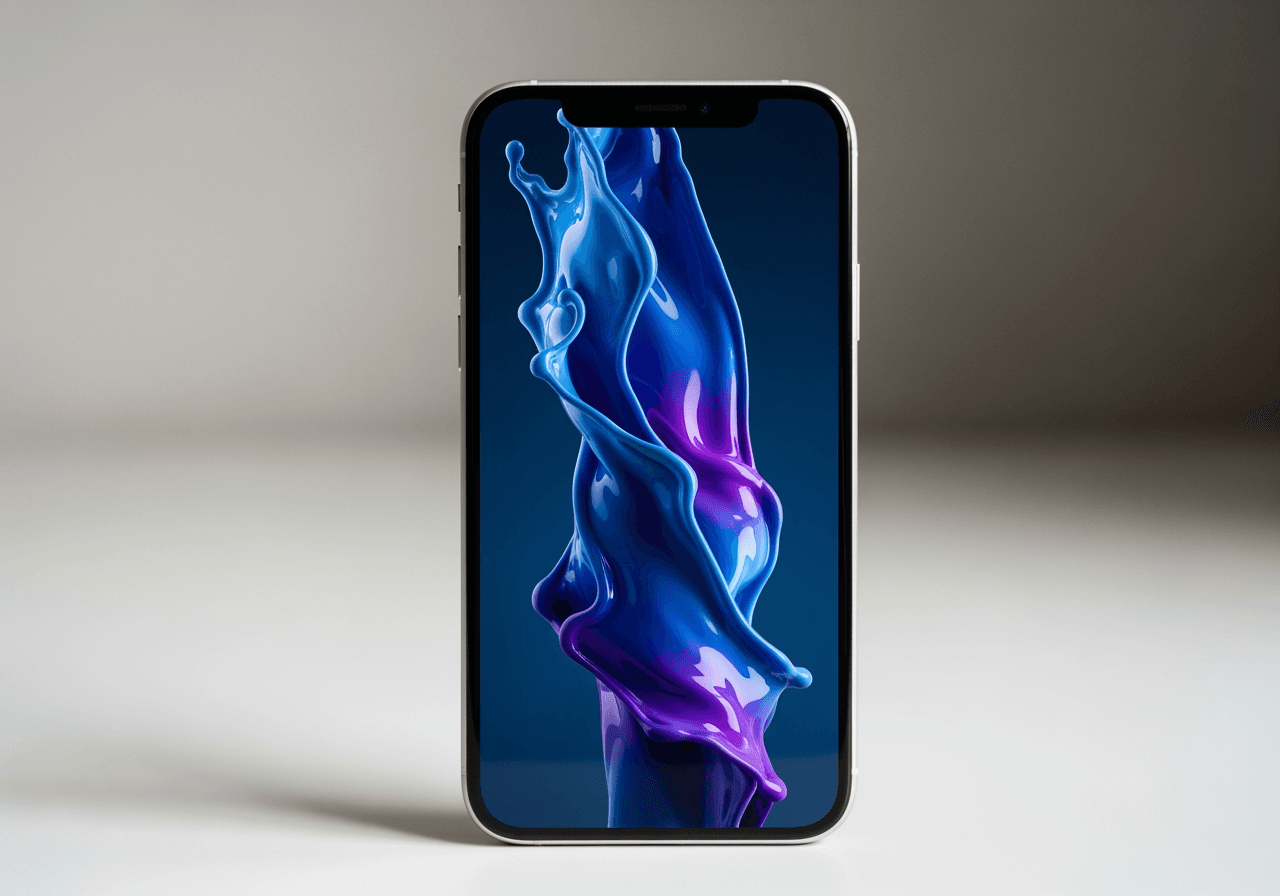 简约桌面上显示 4K 流体艺术壁纸的 iPhone 特写