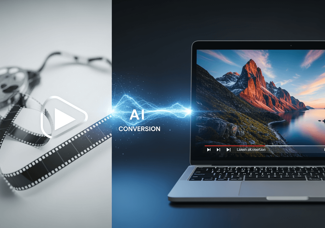 Imagen conceptual de conversión de MPEG a MP4 que muestra medios antiguos transformándose en video digital 4K nítido en una pantalla de computadora portátil