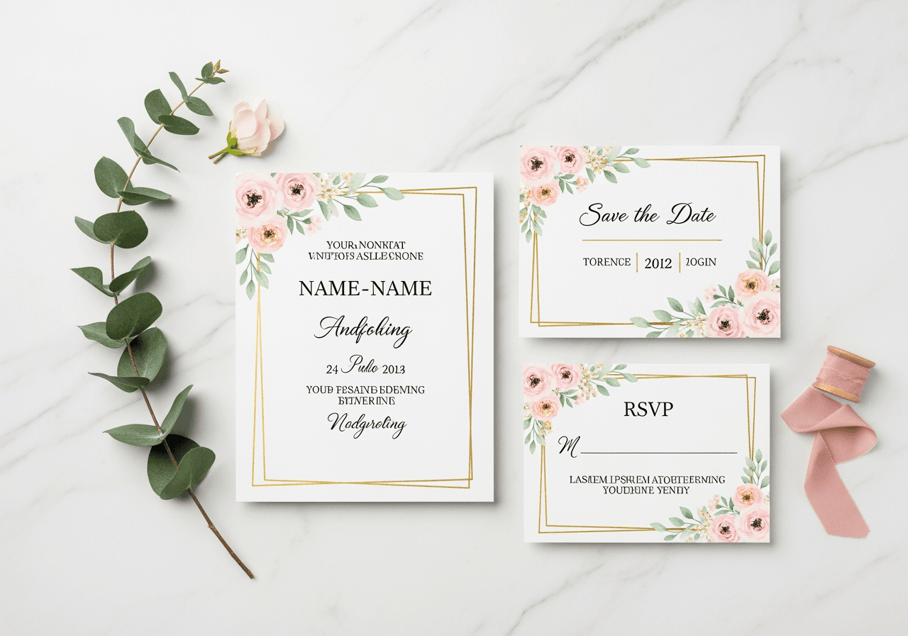 수채화 꽃 장식과 금색 테두리가 있는 고급스러운 결혼식 초대장 배경