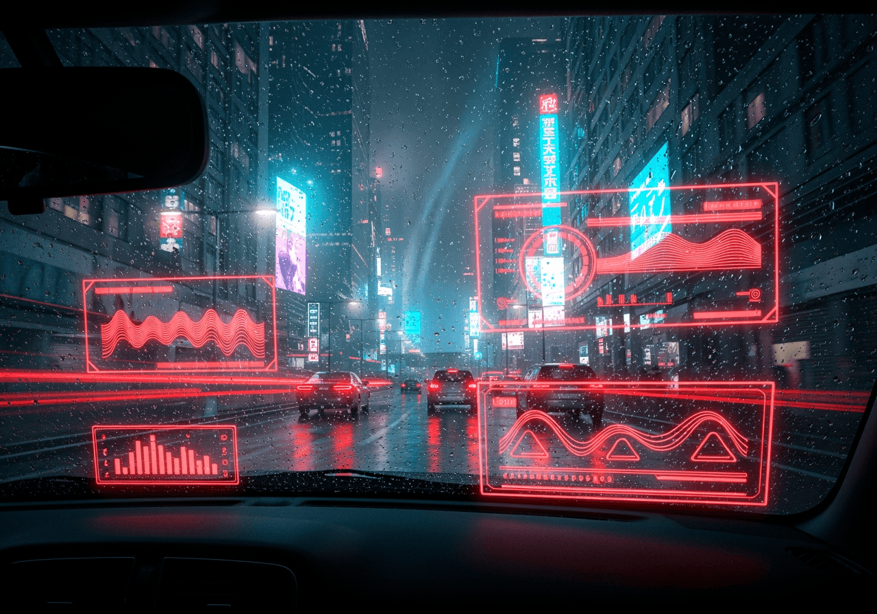 운전 영상 위에 자연스럽게 합성된 네온 레드 사이버펑크 HUD 오버레이 이미지