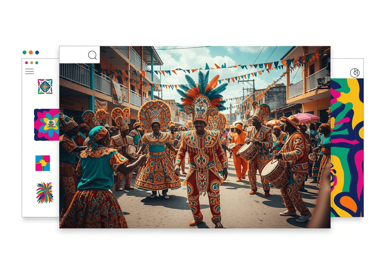 디지털 예술 요소와 융합된 활기찬 아이티 거리 축제 장면
