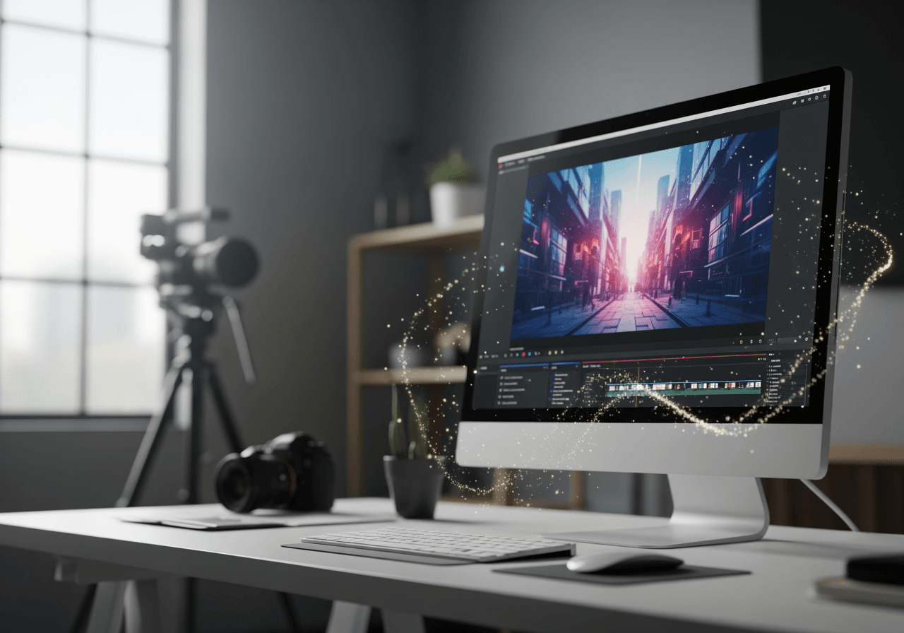 AI 비디오 처리를 보여주는 모니터가 있는 현대적인 작업 공간