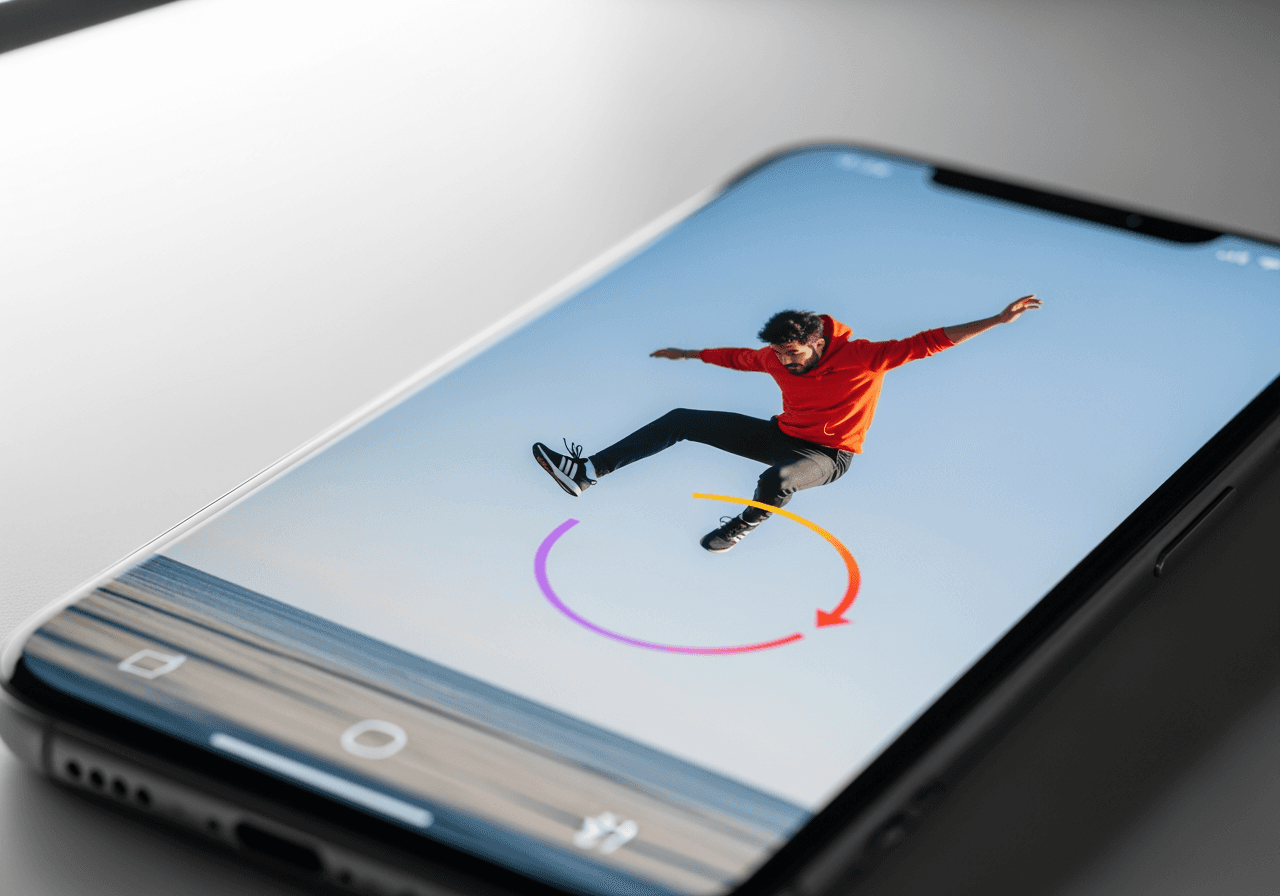 Smartphone che mostra un video in loop di una persona che salta, rappresentando la creazione di Boomerang su Instagram