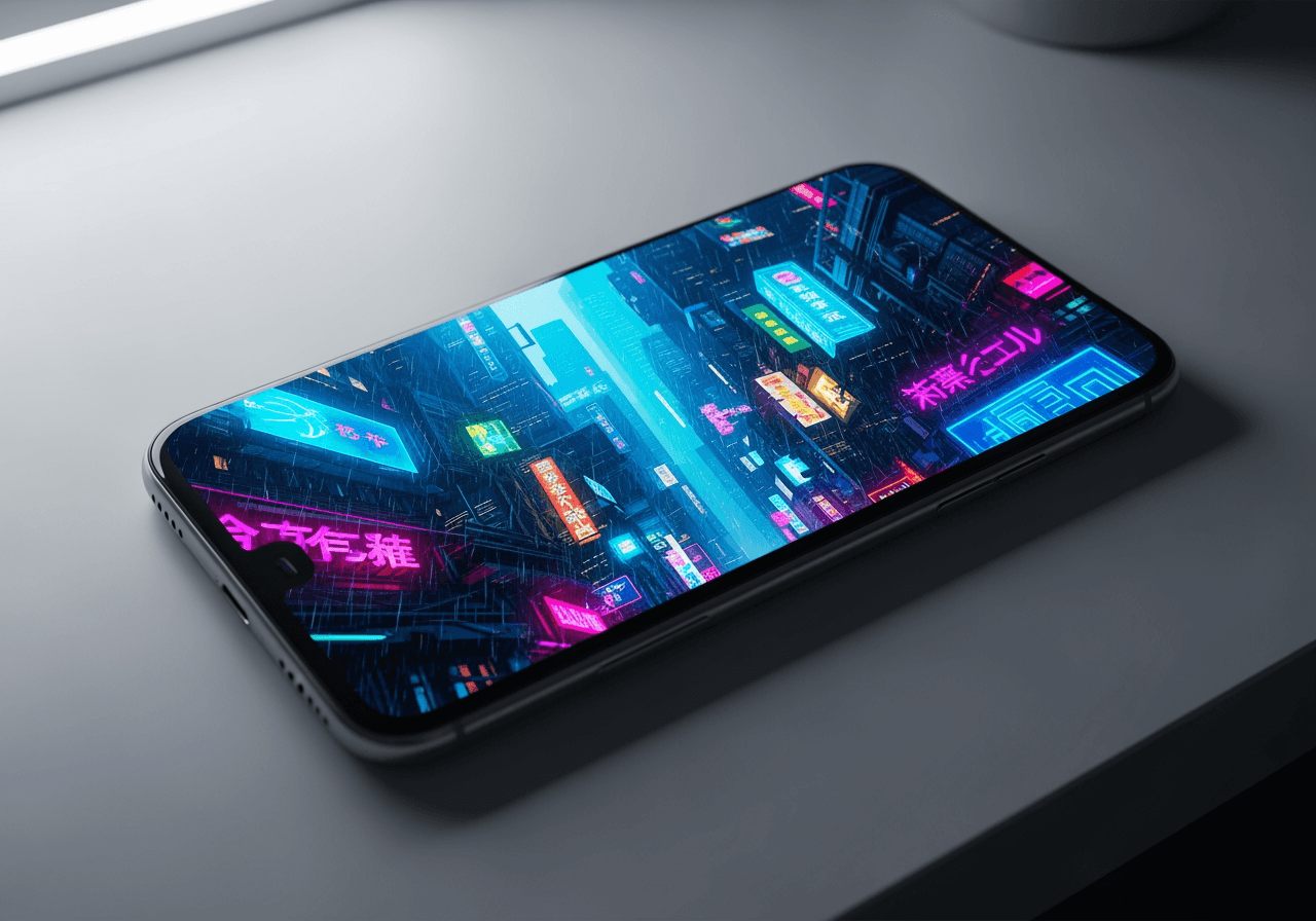 사이버펑크 도시 배경화면이 설정된 스마트폰