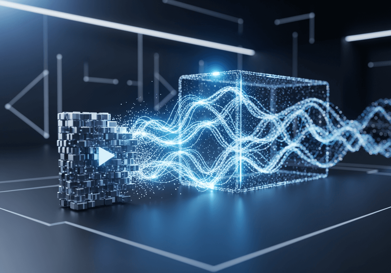 Arte digitale astratta che rappresenta il processo di conversione video di alta qualità da MP4 a MKV