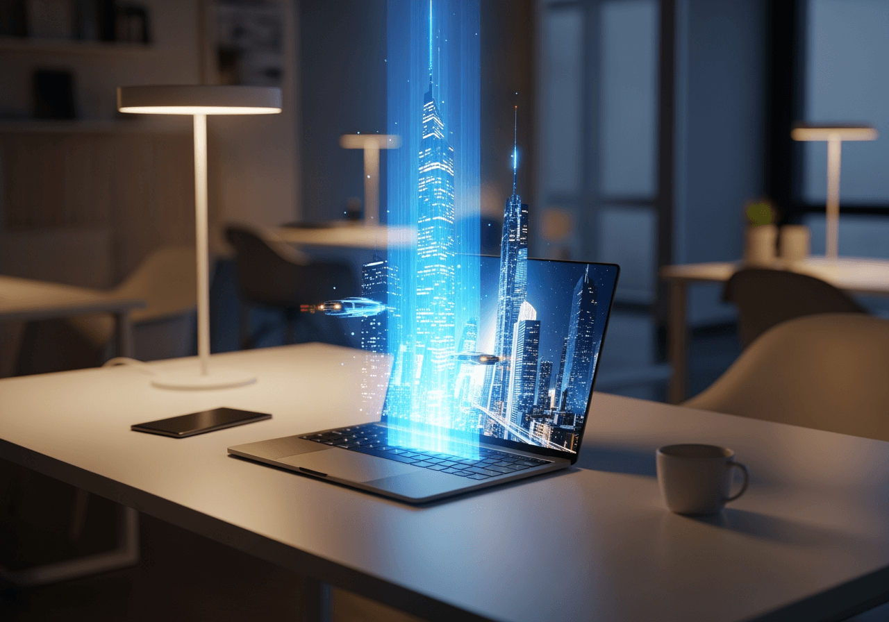 AI 비디오 생성을 상징하는 홀로그램이 투사되는 노트북이 있는 현대적인 작업 공간