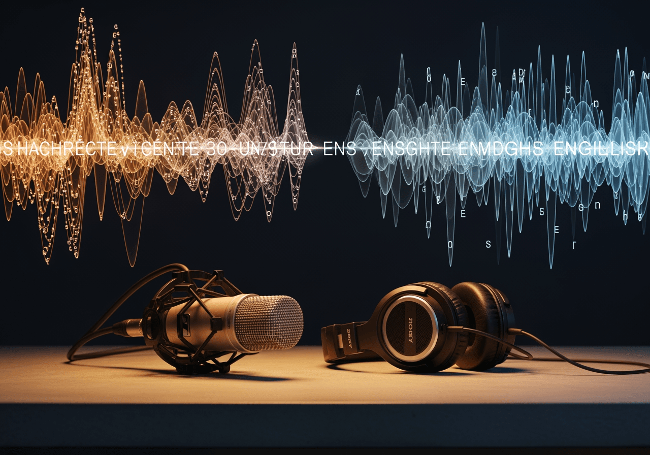 프랑스어에서 영어로의 오디오 번역을 나타내는 추상적인 음파 배경이 있는 미니멀한 책상 위의 세련된 마이크와 헤드폰