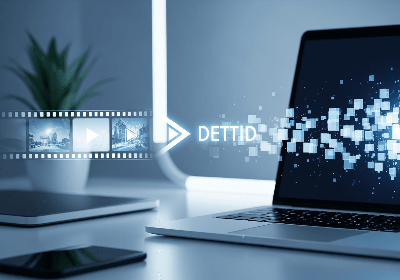 노트북 화면에서 고화질 디지털 데이터로 변환되는 비디오 파일의 추상적 시각화