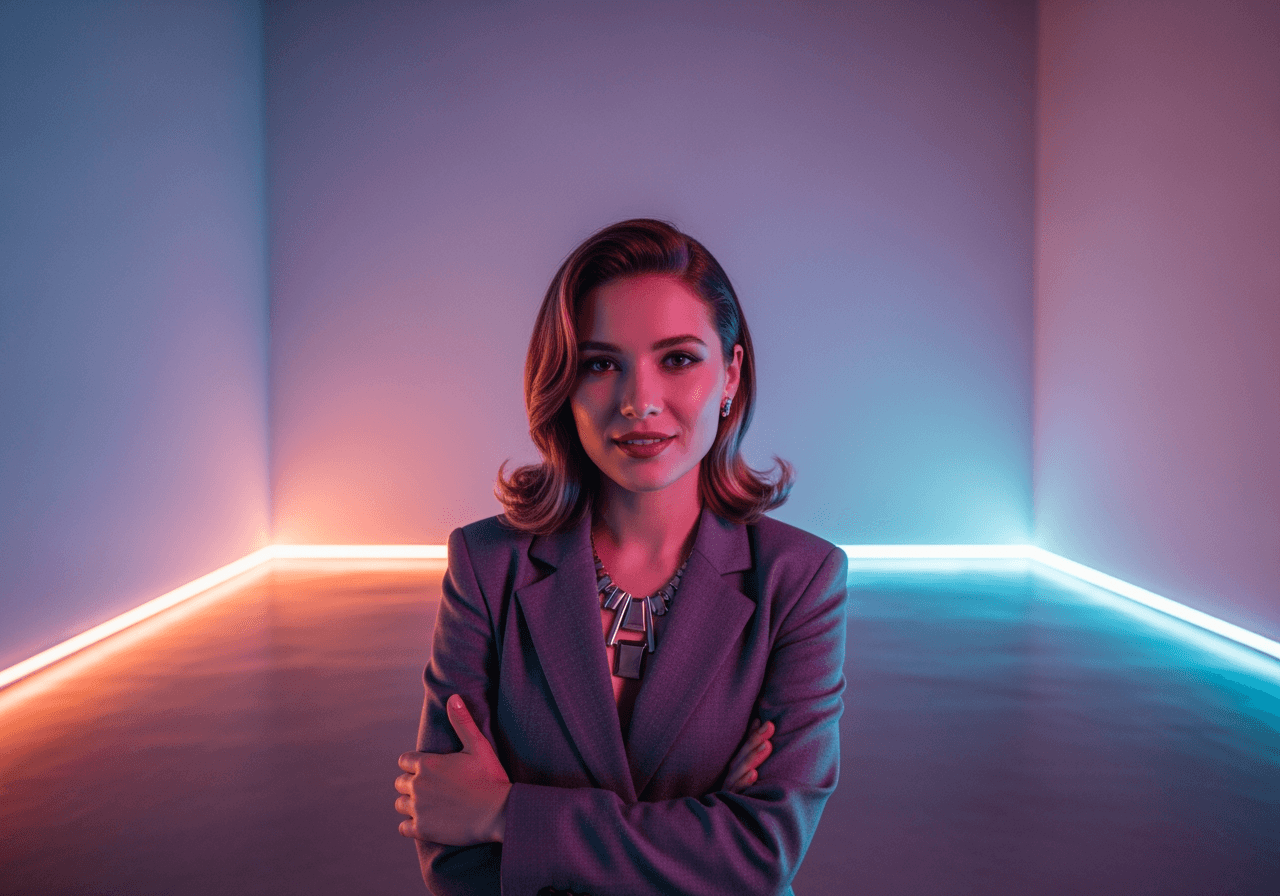 Ritratto di un influencer IA alla moda in uno studio moderno