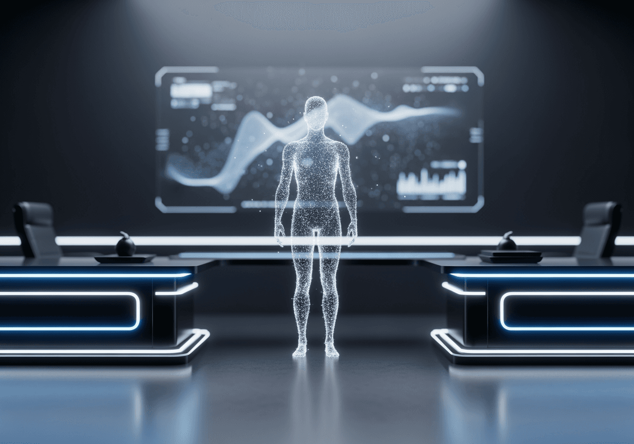 Avatar numérique futuriste dans un espace de travail virtuel propre