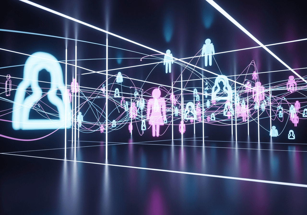 Visualizzazione di una rete digitale futuristica di avatar IA interconnessi