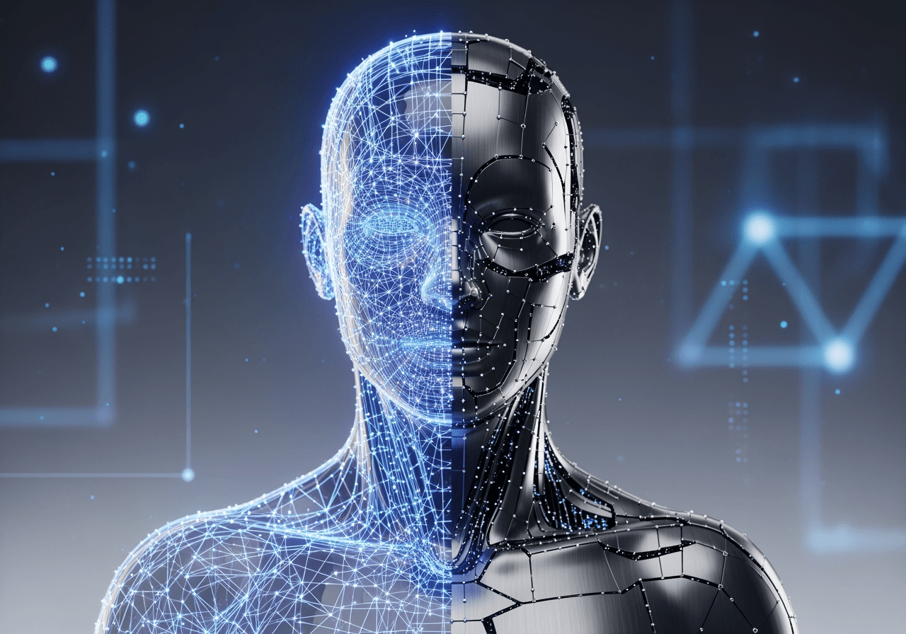 Portrait d'un agent IA en évolution avec une texture métallique sur un fond technologique moderne