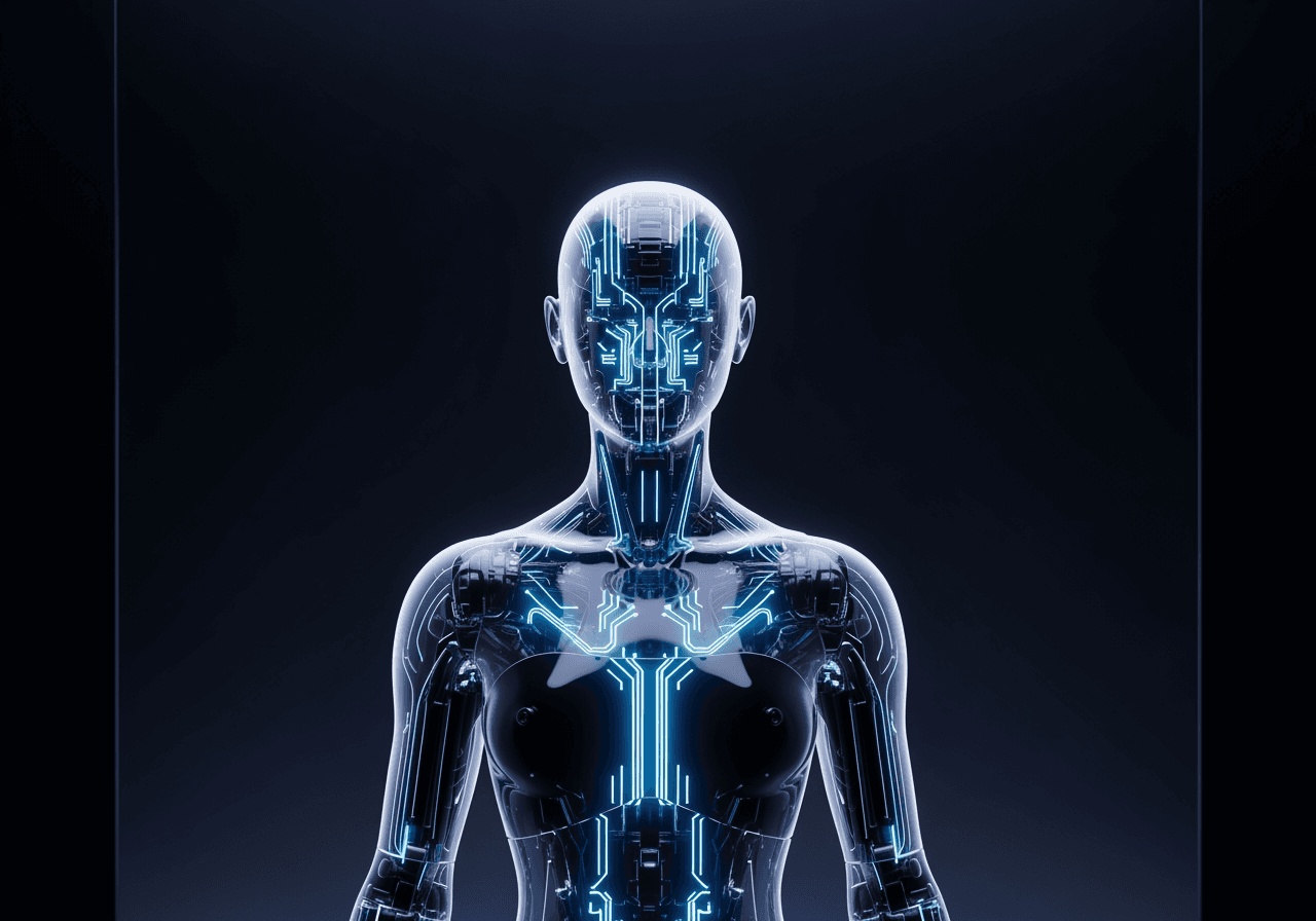 네온 블루 회로가 빛나는 세련된 AI 안드로이드 실루엣, OpenClaw Kimi 스타일