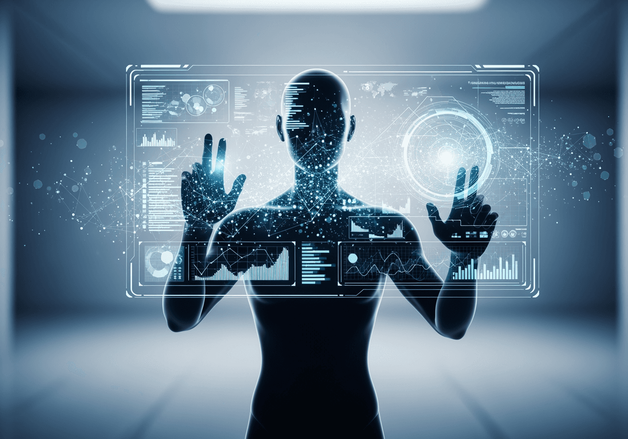 Futuristischer KI-Agent, der eine transparente holografische Schnittstelle bedient