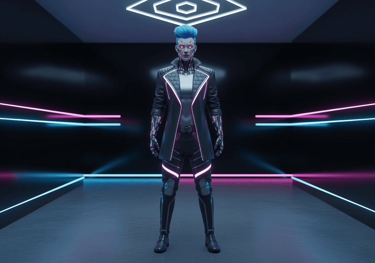 Ritratto a figura intera di influencer di social media AI in stile cyberpunk futuristico con sfondo di luci al neon