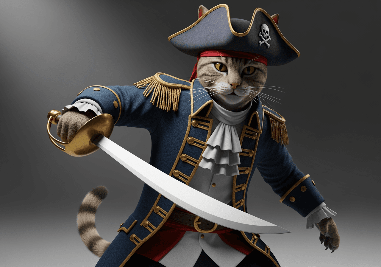 Personnage de capitaine chat pirate anthropomorphe dans une pose dynamique style Captain Claw