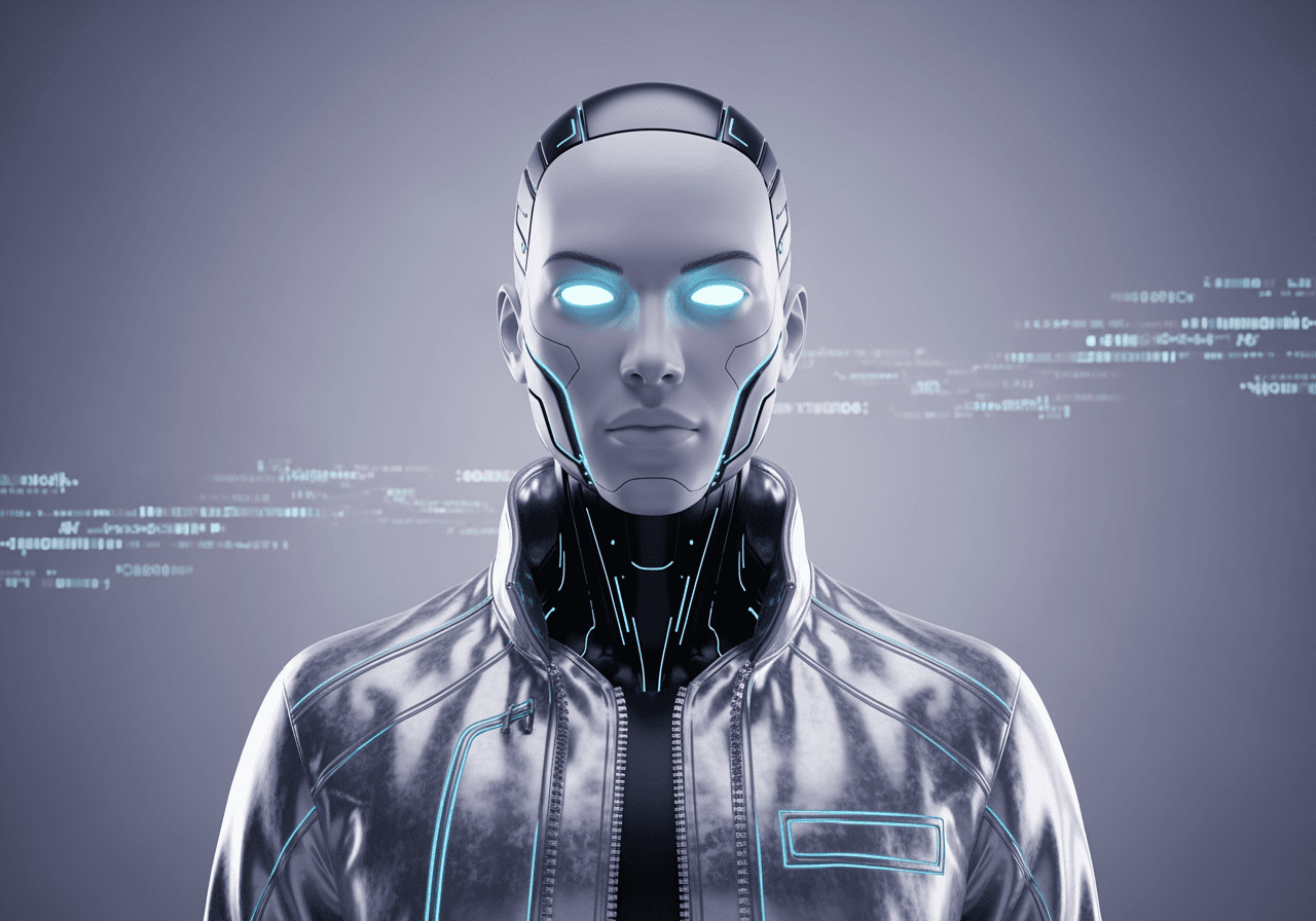 ネオンブルーの目と銀色のジャケットを着用した未来的なAIエージェントのポートレート