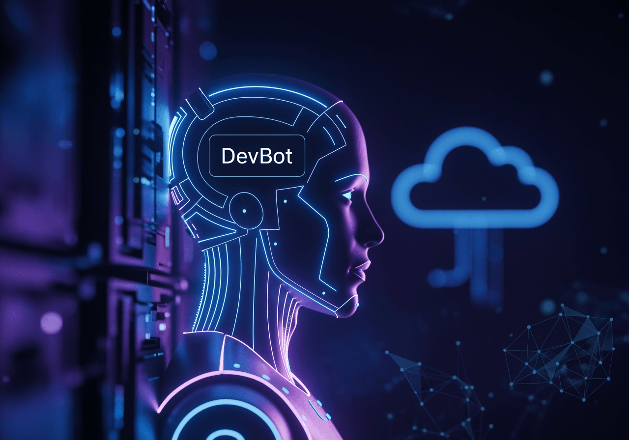 Silhouette d'agent IA DevBot style cyberpunk avec fond nuageux
