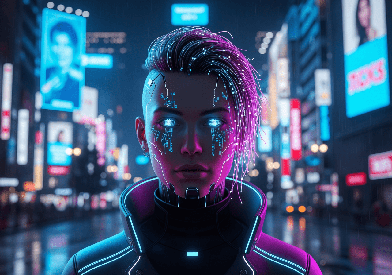 Influenceur social IA de style cyberpunk futuriste avec en arrière-plan une rue de Tokyo éclairée au néon