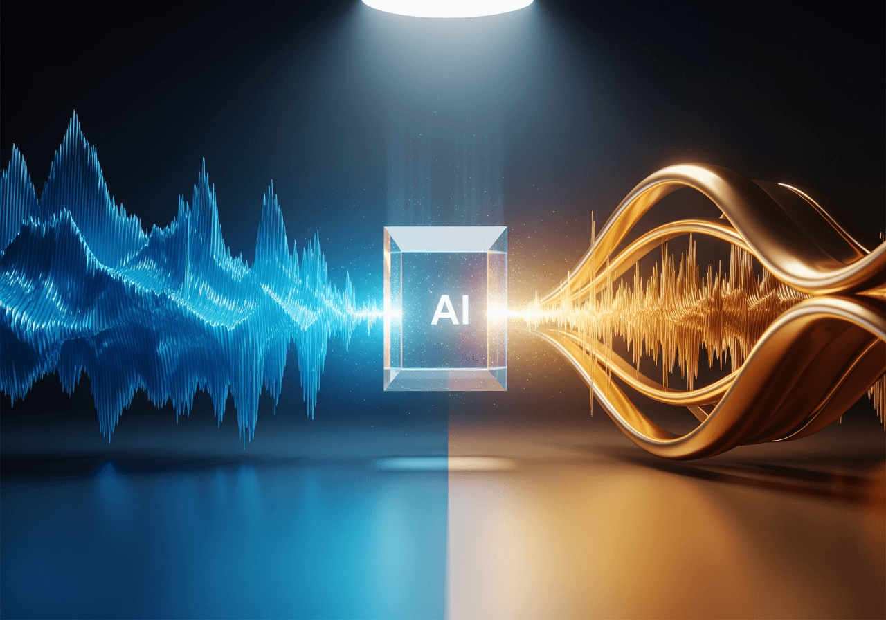 AI 처리를 통해 거친 오디오 파형이 부드러운 고음질 사운드 파형으로 변환되는 모습